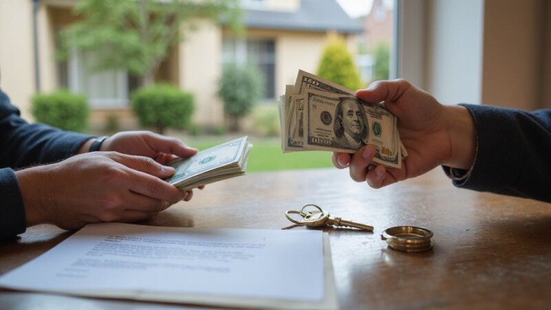 two people holding cash over a table with a contract and keys on it