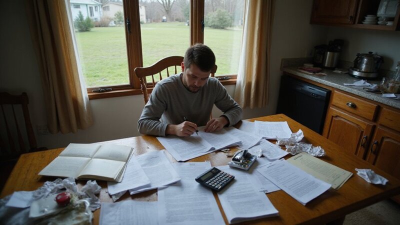 a person stressing over a pile of paperwork with a calculator and a beautiful day outdoors through the window behind them