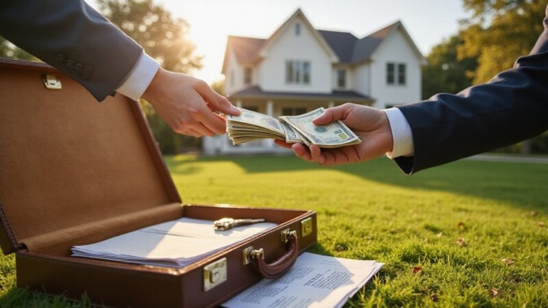 one person handing a stack of cash to another with a briefcase in the foreground and a house in the background