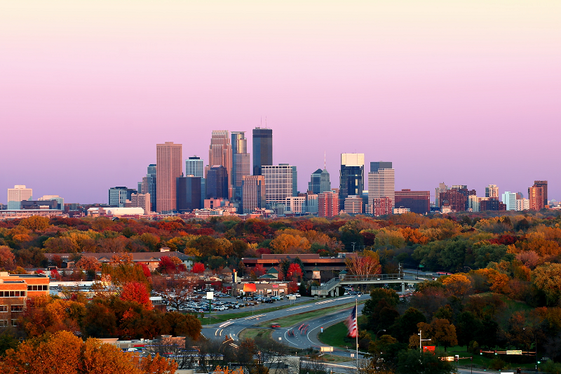 Wide view of the Minneapolis skyline from Plymouth