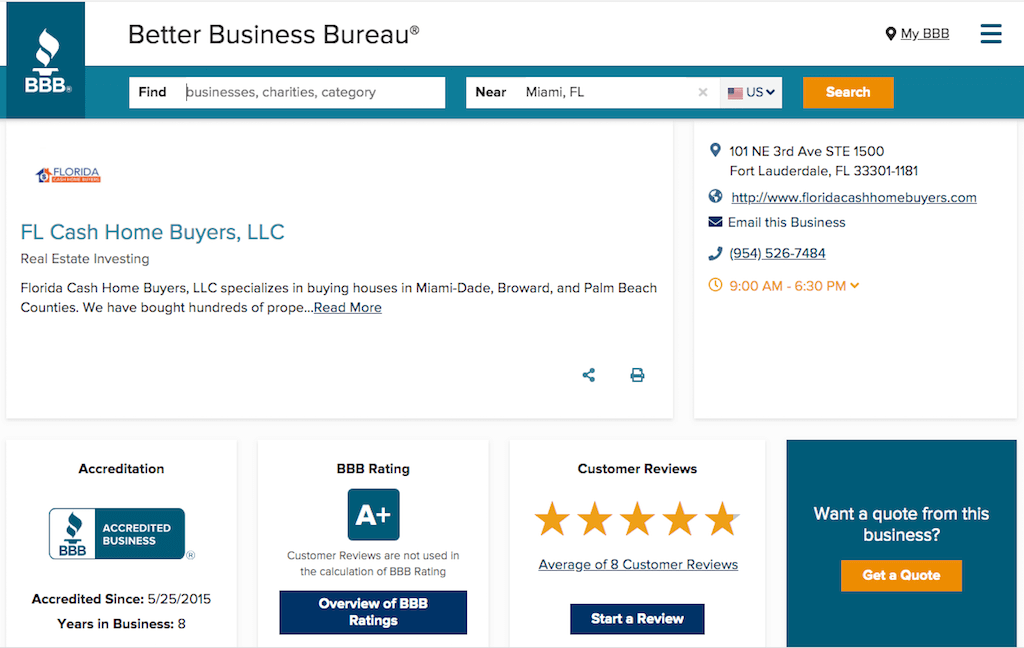 florida cash home buyers bbb page screenshot