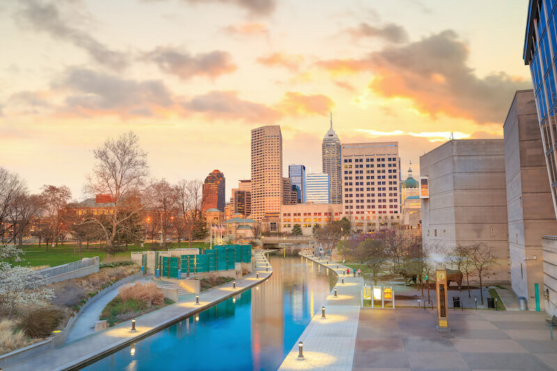 Downtown Indianapolis skyline at twilight