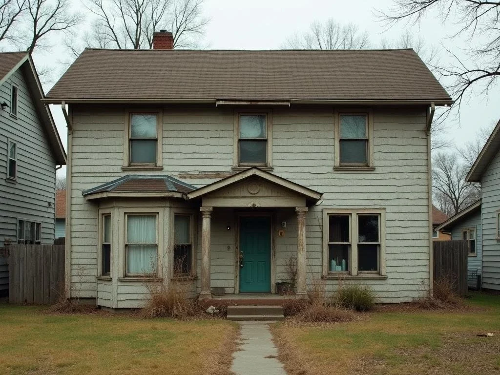 Sell my house as-is without making repairs—distressed property with peeling paint, aged siding, and outdated windows.