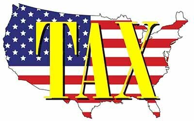 A map of the united stated with american flag colors and big bold yellow letters T A X