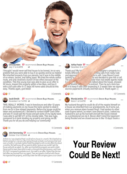 Happy Man Pointing To Legitimate Facebook Reviews for ASAP Cash Offer