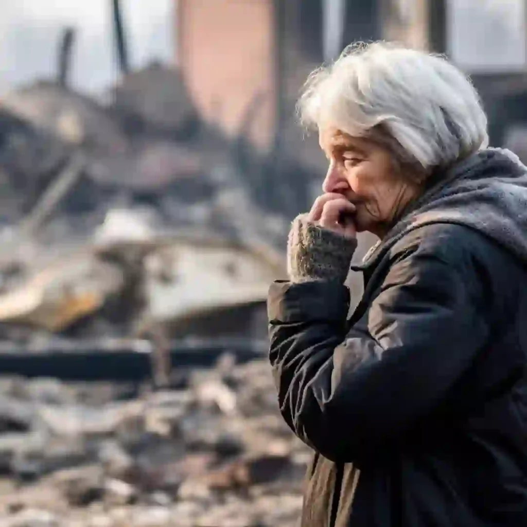 A sad old woman for the burned house.