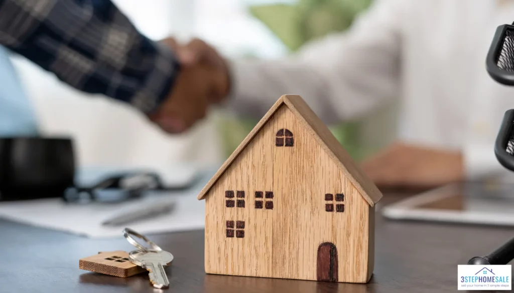 A wooden tiny house with 2 peoples shaking hands in the background