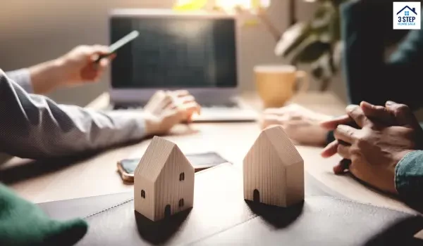 People discussing home sale options with miniature house models on a desk.