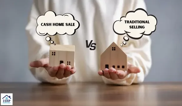 Hands holding two houses labeled “Cash Home Sale” and “Traditional Selling.”