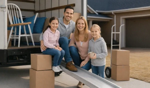 Happy family settling into their new home with moving boxes