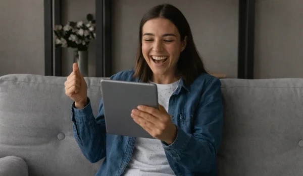 Happy homeowner reviewing a cash offer on a tablet and giving a thumbs up