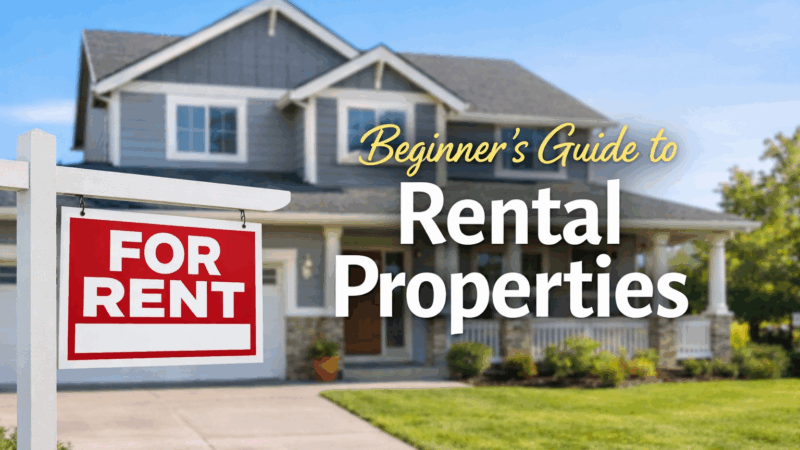 Modern house exterior with overlay text 'Beginner’s Guide to Rental Properties' for first-time real estate investors