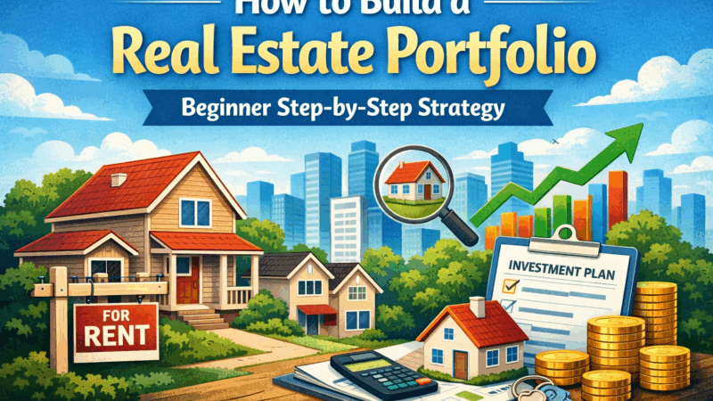 How to Build a Real Estate Portfolio illustration showing houses, rental sign, investment plan, coins, calculator, and upward growth chart for beginner real estate investing guide.