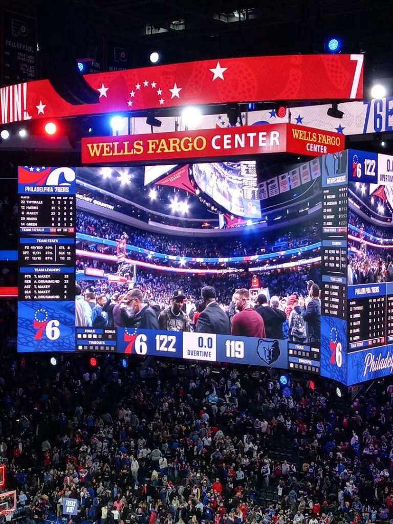 Wells Fargo Center in South Philadelphia. Philadelphia 76ers basketball game.