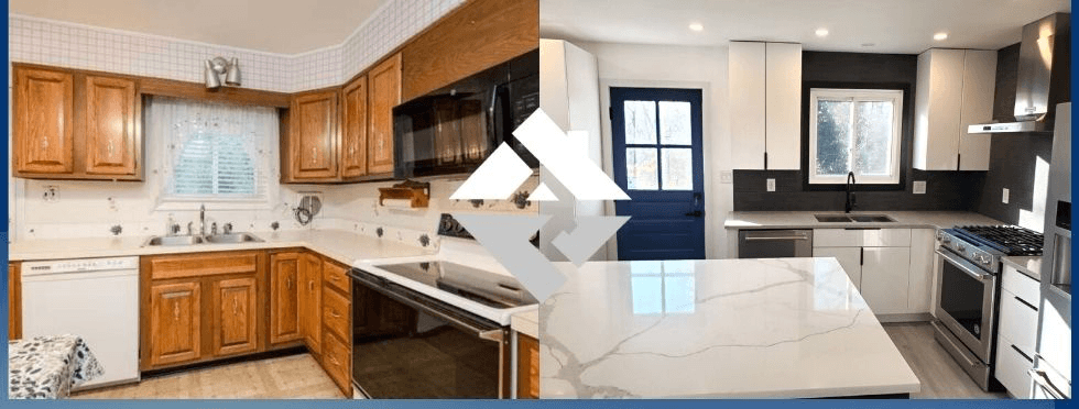 Modernized kitchen renovation featuring white flat panel cabinets, white quartz counters with veining, and a black backsplash