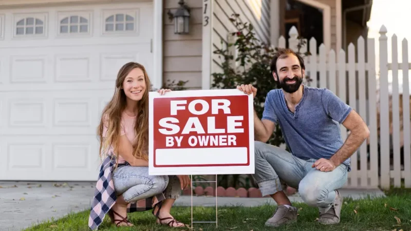 Man and woman posing with a for sale sign in front of their house