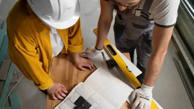 two construction workers looking at a blueprint