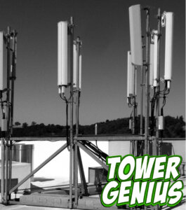 Rooftop AT&T cellular antennas in black and white in Jackson California, with Tower Genius Logo.