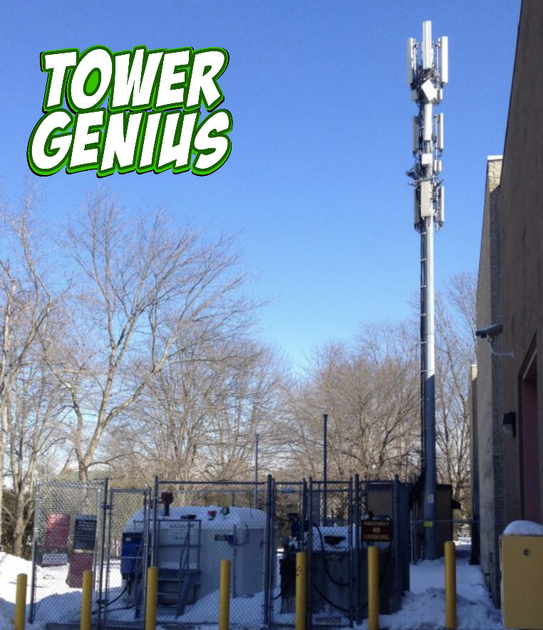 Cell Phone Tower Lease Rate image of monopole tower in New Jersey with the Tower Genius LLC logo.