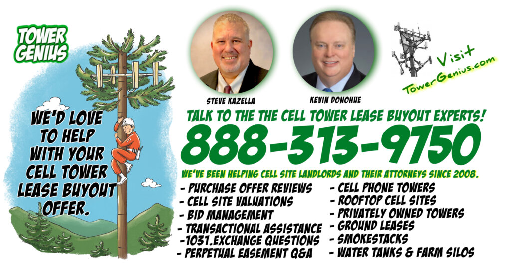 Tower Genius advertising poster for cell tower buyouts, offering assistance for cell tower lease sellers, call us for help with your cell tower lease buyout offer at 888-313-9750.