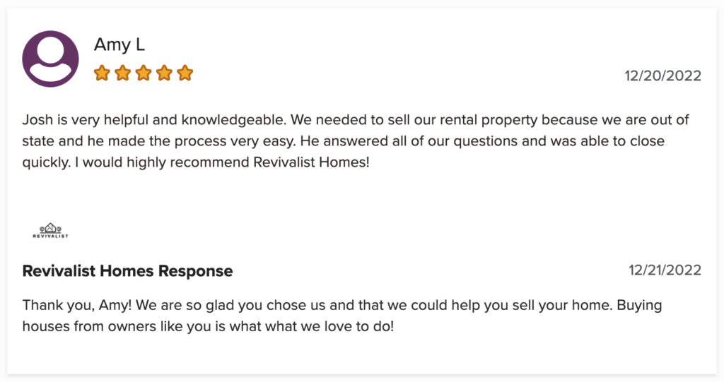 Screenshot of online review left by a satisfied Smiths Grove customer. We bought their house for cash fast.