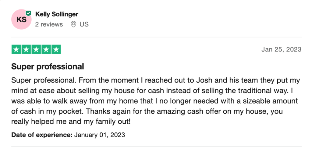 Screenshot photo of a five star review left by Revivalist Homes customer. "Super professional. From the moment I reached out to Josh and his team they put my mind at ease about selling my house for cash instead of selling the traditional way. I was able to walk away from my home that I no longer needed with a sizeable amount of cash in my pocket. Thanks again for the amazing cash offer on my house, you really helped me and my family out!" We bought their house fast for cash. 