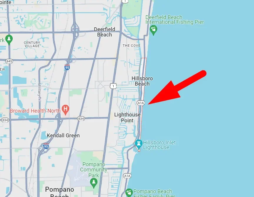 Hillsboro Beach Google Maps with red arrow