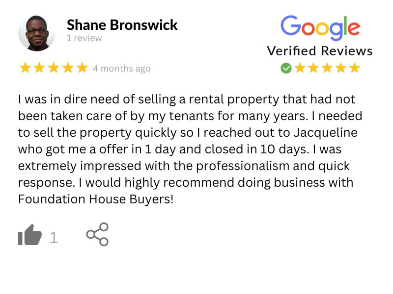 Five star Google review that says "I would highly recommend doing business with Foundation House Buyers!"