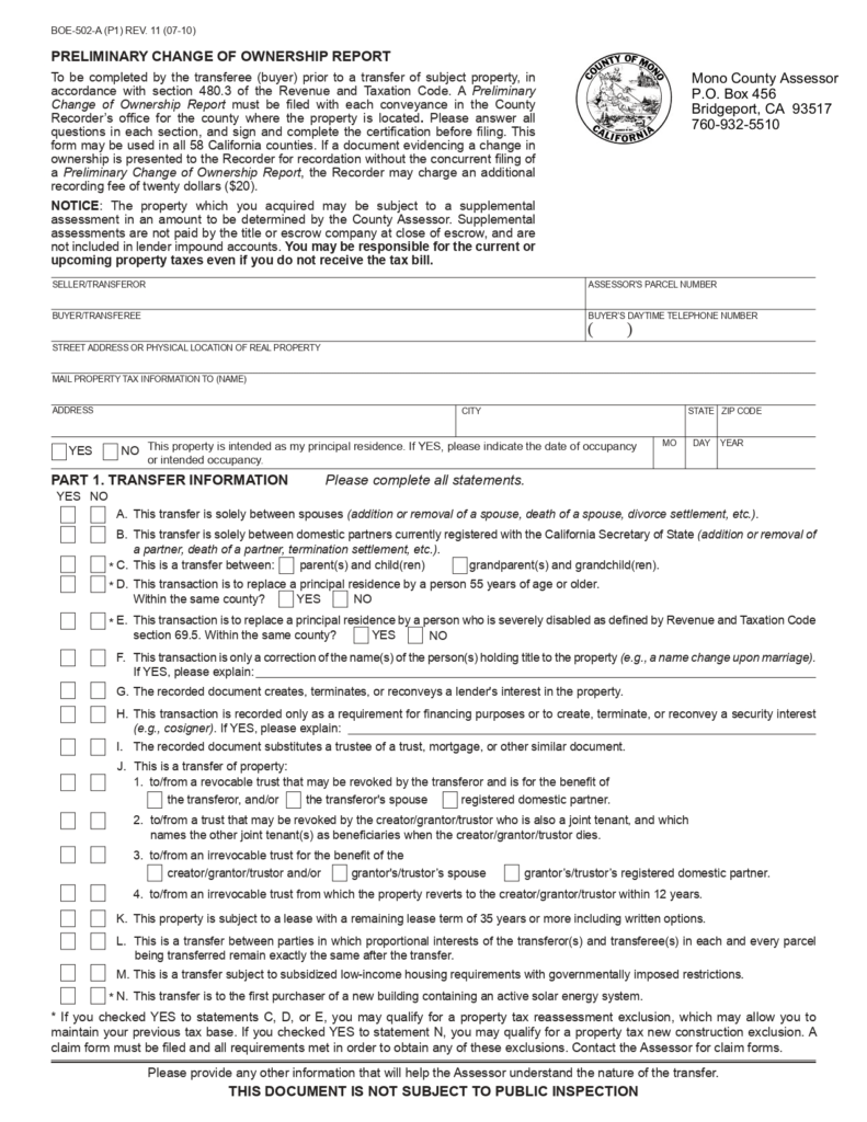 Preliminary Change of Ownership Report