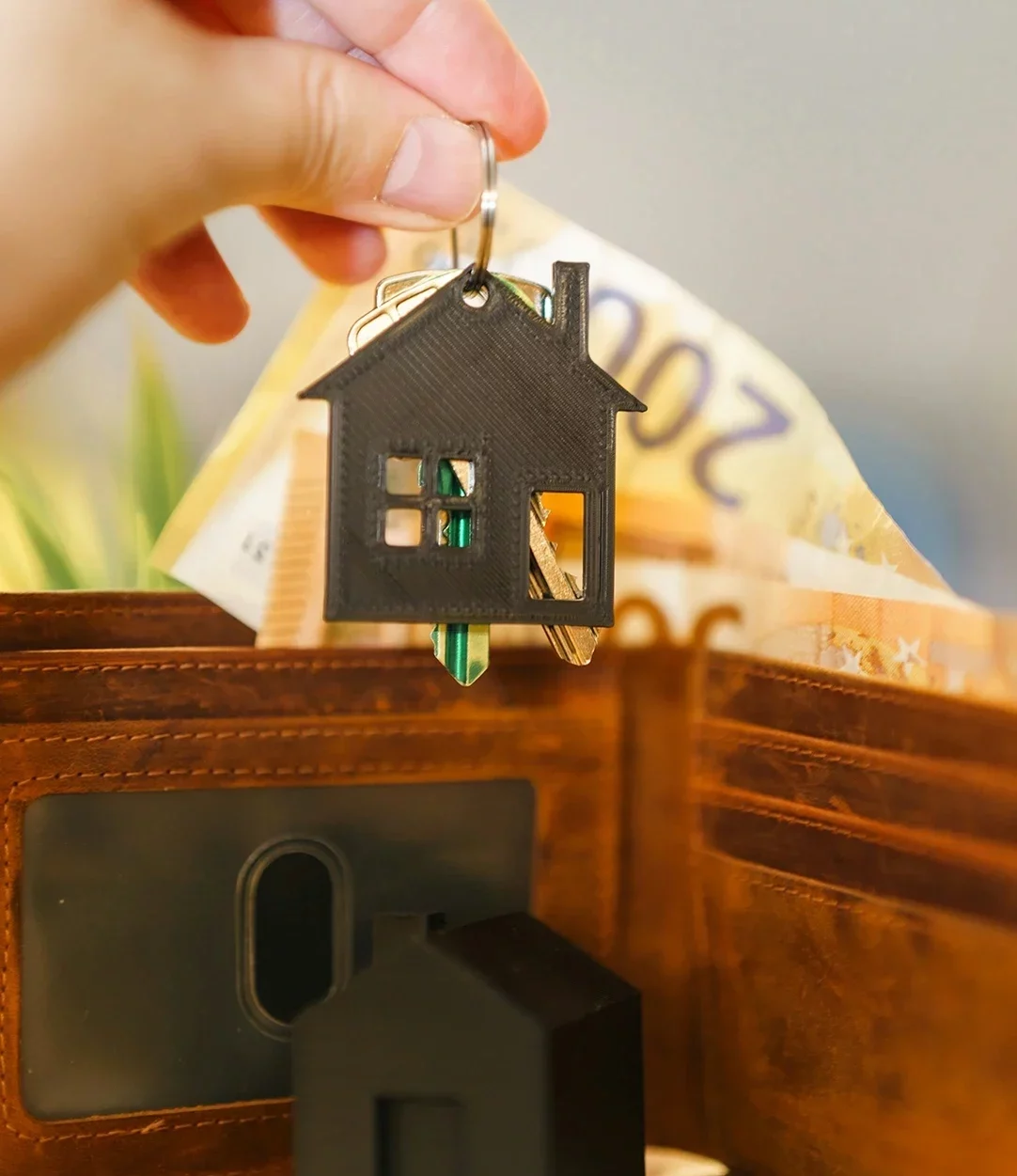 Hand holding a house-shaped keychain with keys above an open leather wallet