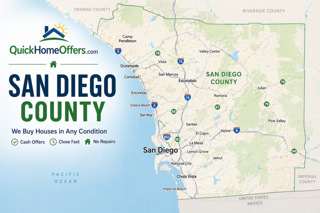 This is a Quick Home Offers branded san diego county map showing we buy houses in San Diego county.