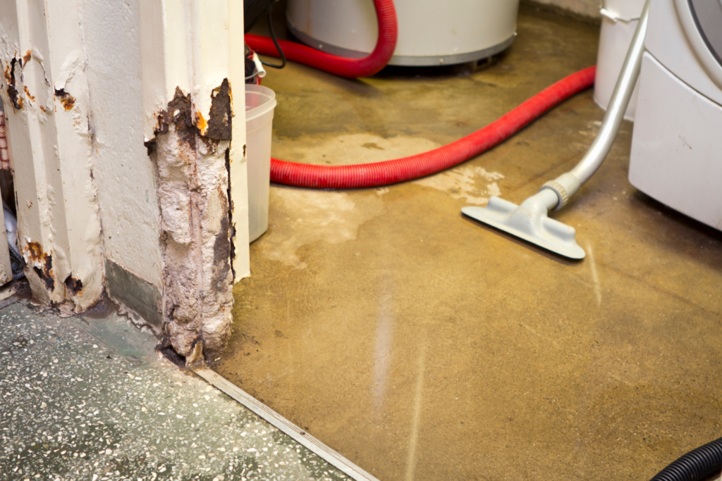 "Water damage restoration in Ohio basement with visible mold and sump pump, illustrating critical home repair for flood-affected properties."