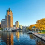Downtown Milwaukee skyline with tall buildings, autumn trees, and a calm riverfront walkway under a clear blue sky.