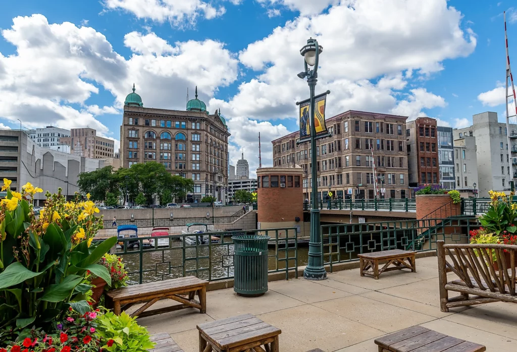 A scenic view of downtown Milwaukee showing historic buildings along the riverwalk with benches, flowers, and a bright blue sky filled with clouds.