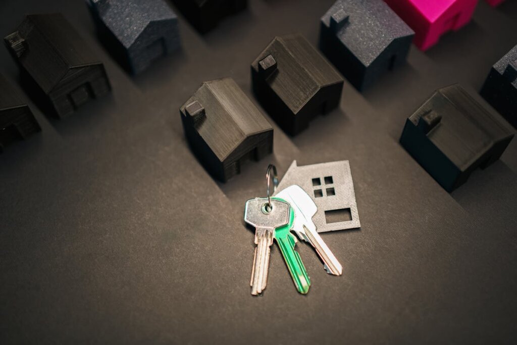 A bunch of small plastic houses with keys