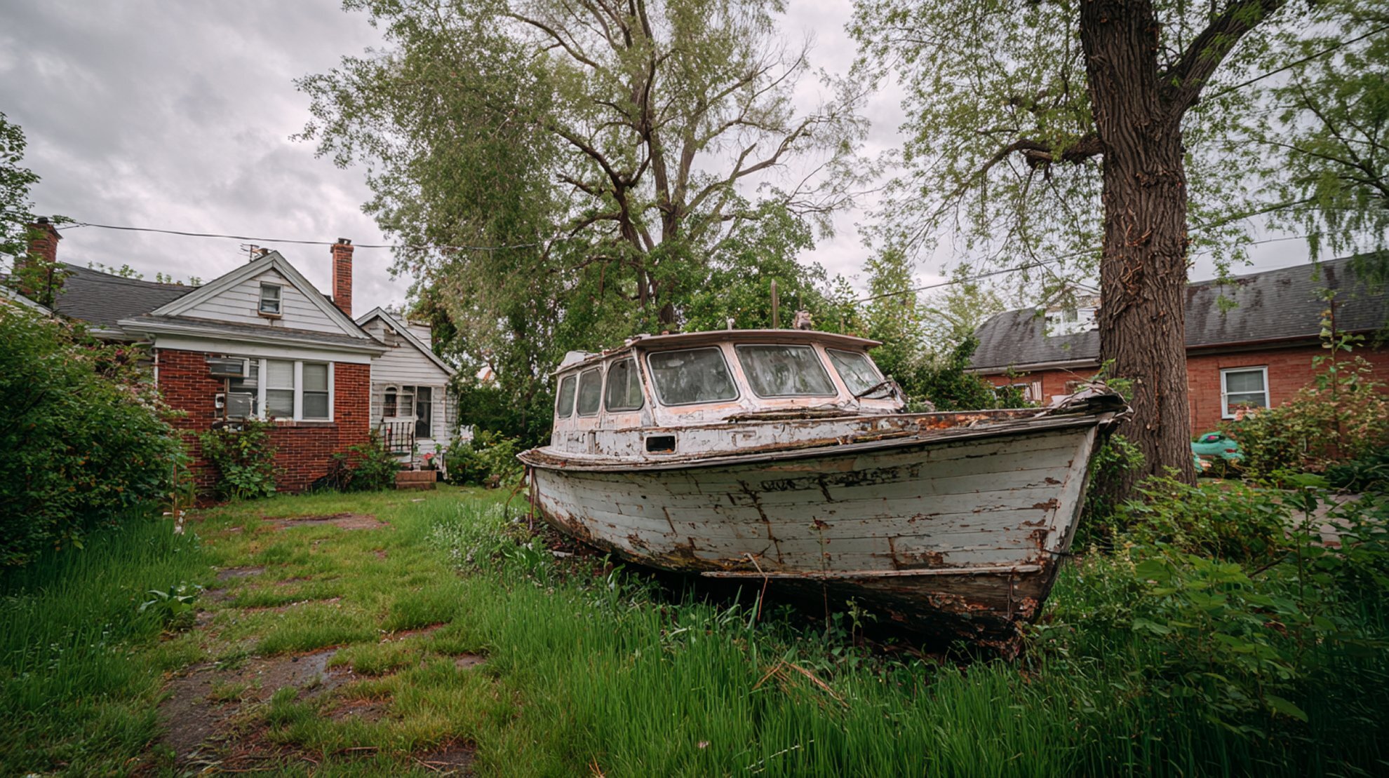Old cabin cruiser boat abandoned in Buffalo NY backyard awaiting disposal Erie County