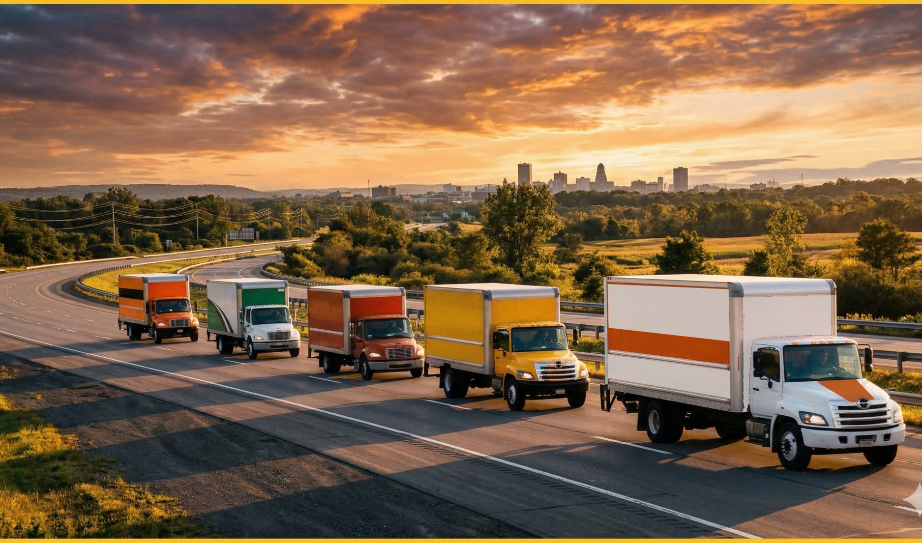 Five moving truck rental companies compared — U-Haul, Penske, Budget, Enterprise, and Home Depot trucks lined up on a Western New York highway near Buffalo