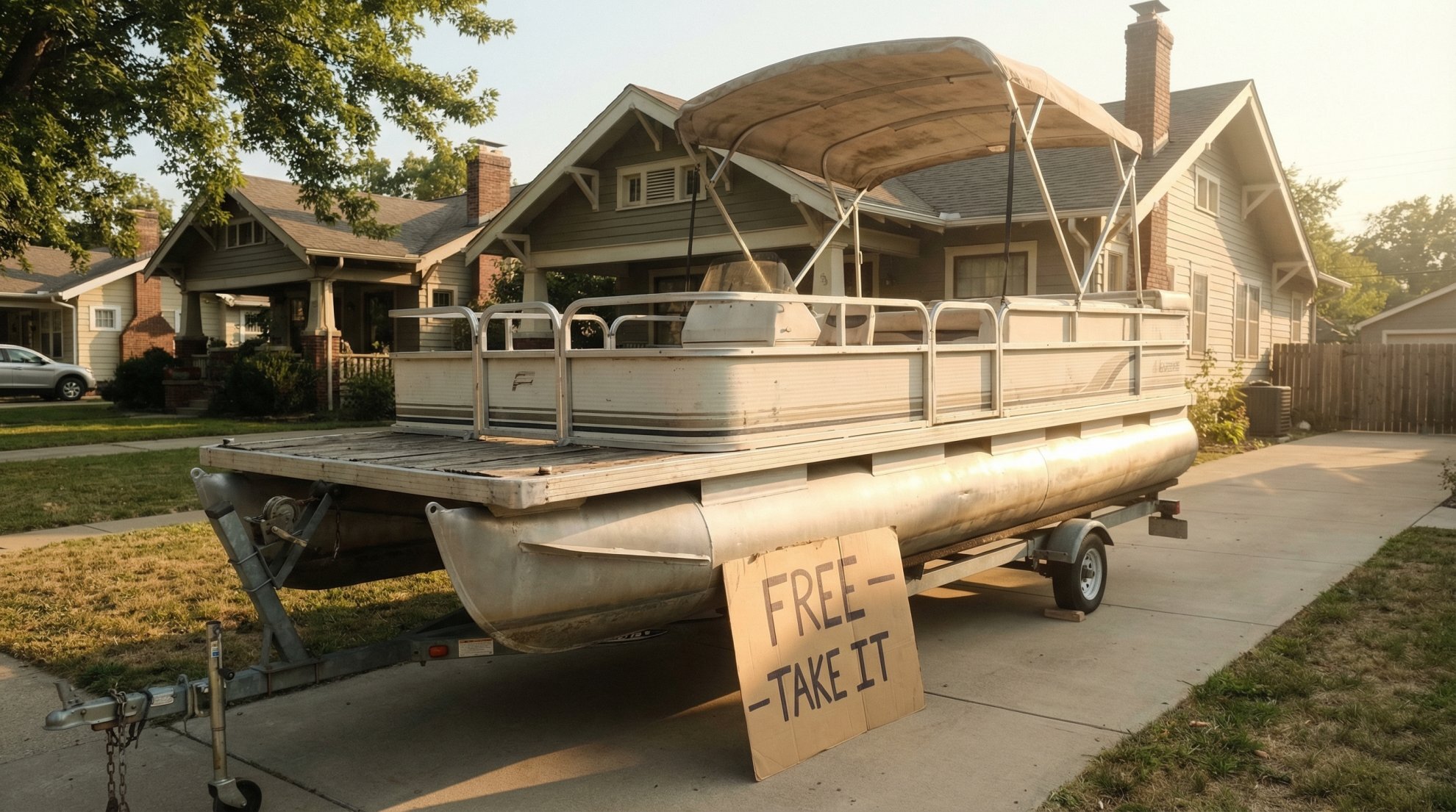 Pontoon boat on trailer in Buffalo NY driveway available for donation tax deductible charity pickup