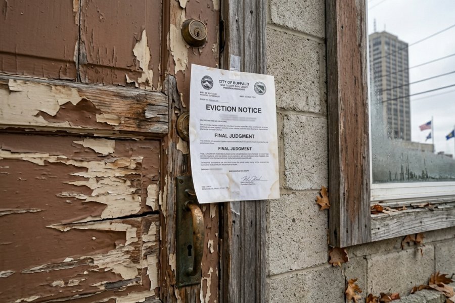 Eviction notice posted on rental unit door in Buffalo NY — the start of a 3 to 9 month Erie County Housing Court process landlords can avoid by selling to NCB