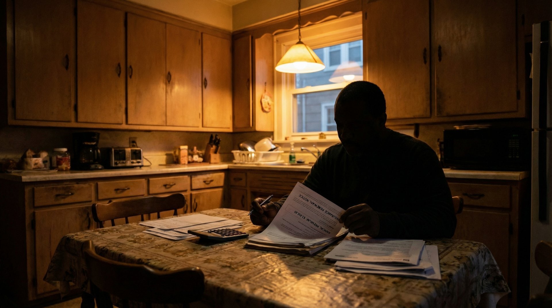 Buffalo NY homeowner reviewing high insurance renewal bill at kitchen table — premium too expensive to carry