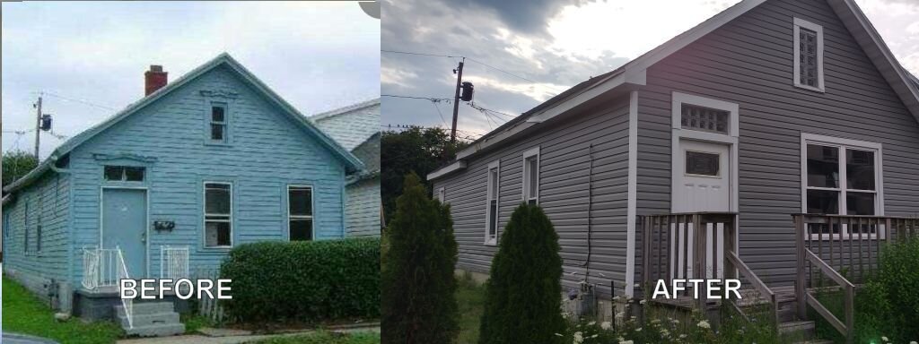 Faded blue cottage in Western New York with weathered siding before full re-skin by Nickel City Buyers