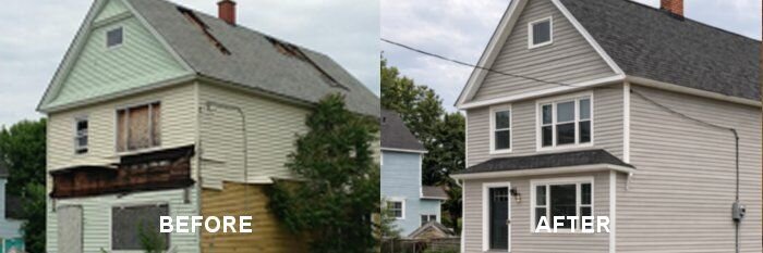 Heavily distressed Buffalo NY house with boarded windows and rotting porch before cash sale to Nickel City Buyers