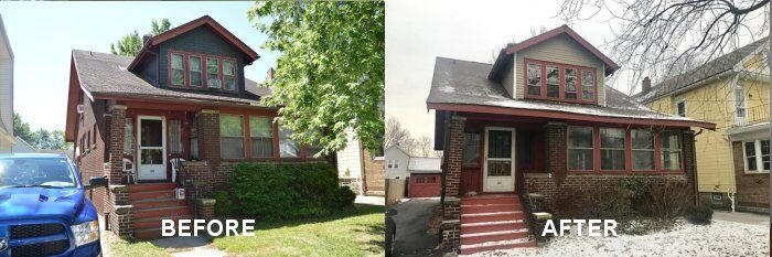 Buffalo NY brick bungalow with overgrown bushes and worn trim before deferred maintenance cleanup by Nickel City Buyers
