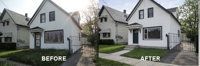 Dated Buffalo NY cape cod with security bars and overgrown lawn before cosmetic renovation and curb appeal upgrade by Nickel City Buyers