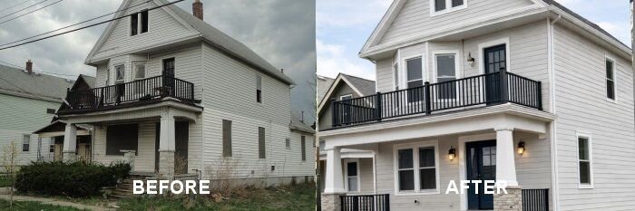 Deteriorated two-story Buffalo NY house with peeling siding and worn porch before full exterior rebuild by Nickel City Buyers