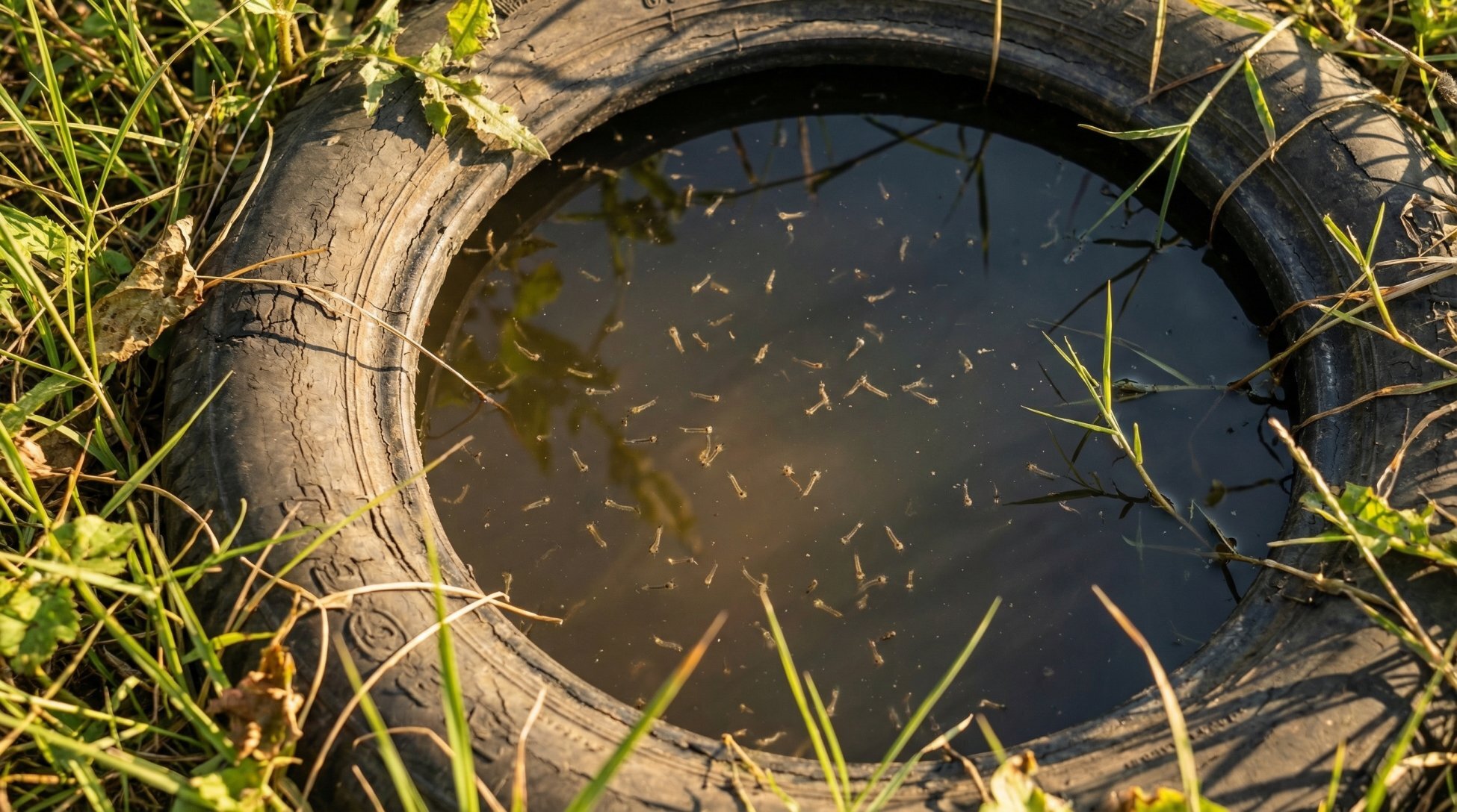 Standing water pooled inside an old discarded tire — tires left outdoors in Buffalo NY become mosquito breeding grounds and a health hazard