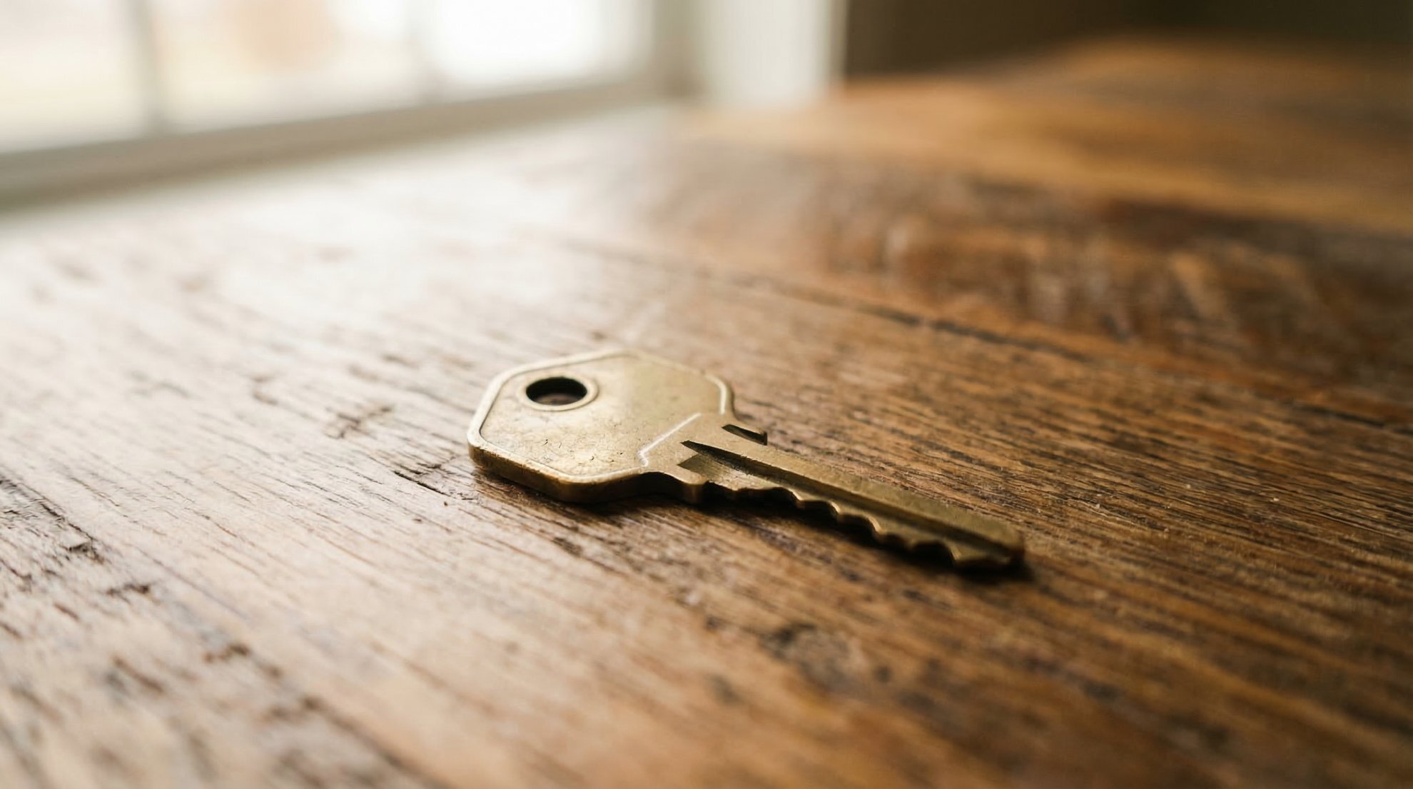 Single house key on worn wood surface — sell as-is Buffalo NY