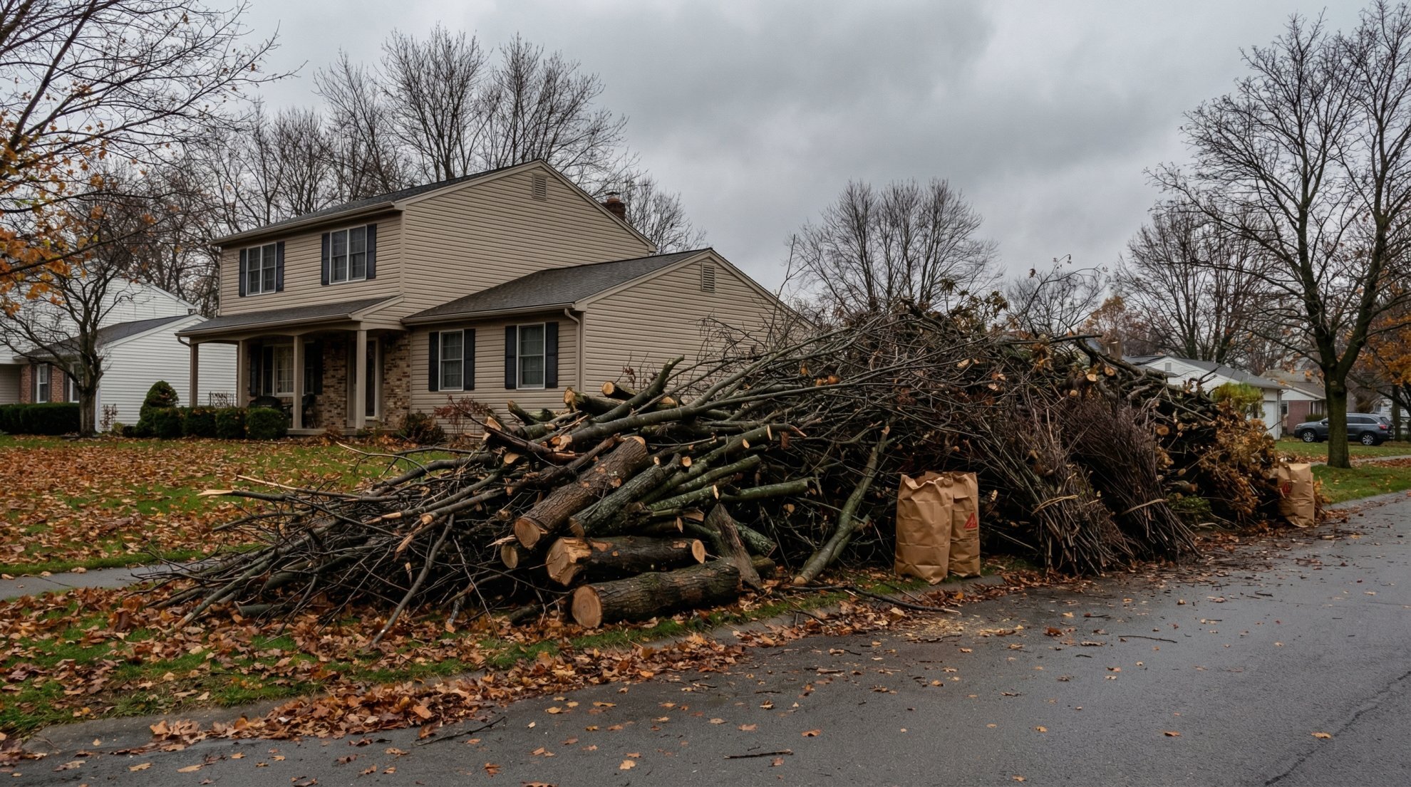 Tree debris removal Buffalo NY large branch and brush pile at curbside Erie County property