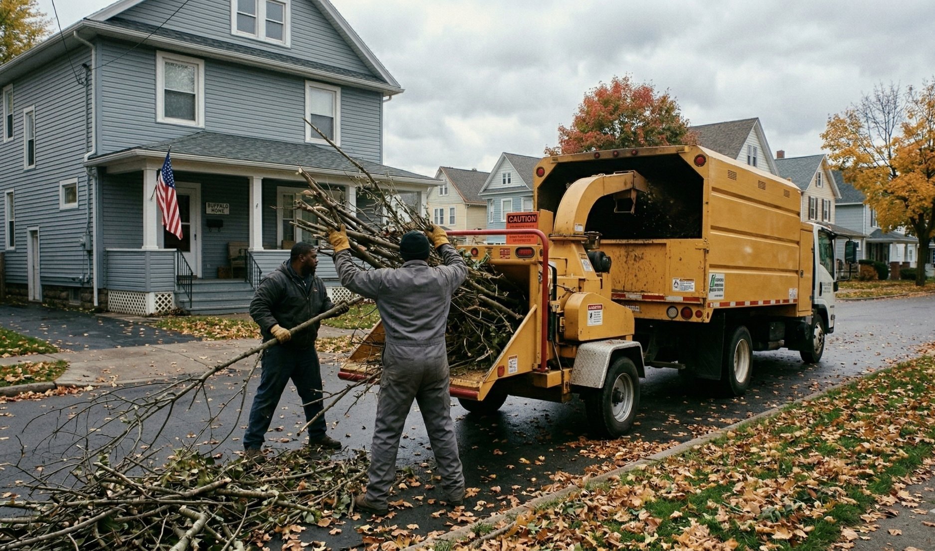 Tree debris removal service Buffalo NY junk crew loading branches into truck Erie County