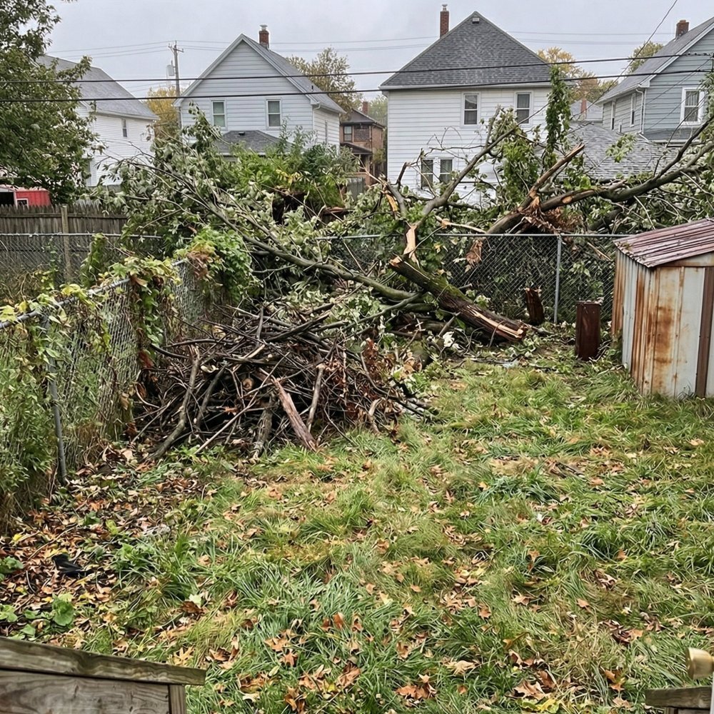 Yard debris Buffalo NY storm damaged branches and brush pile before removal Western New York